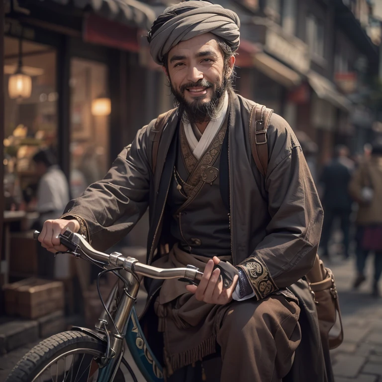 Ride an antique bicycle in baker street 、Hair flows、 ((highest quality、masterpiece、8k、best image quality、ultra high resolution、Award-winning work)、(accurate anatomy:1.1)、(look at me and smile:1.1)、Shining fair skin with ultra high resolution、most detailed face、ultra high resolution detailed face、ultra high resolutionの髪の毛、(ultra high resolutionの煌めく瞳:1.1)、Beautiful face drawn in every detail、(blurred background:1.1)、ancient Islamic clothes, chest together, tattoo,