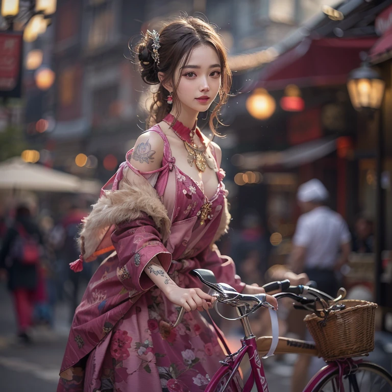 Ride an antique bicycle in baker street 、Hair flows、 ((highest quality、masterpiece、8k、best image quality、ultra high resolution、Award-winning work)、(accurate anatomy:1.1)、(look at me and smile:1.1)、Shining fair skin with ultra high resolution、most detailed face、ultra high resolution detailed face、ultra high resolutionの髪の毛、(ultra high resolutionの煌めく瞳:1.1)、Beautiful face drawn in every detail、(blurred background:1.1)、ancient Islamic clothes, chest together, tattoo,