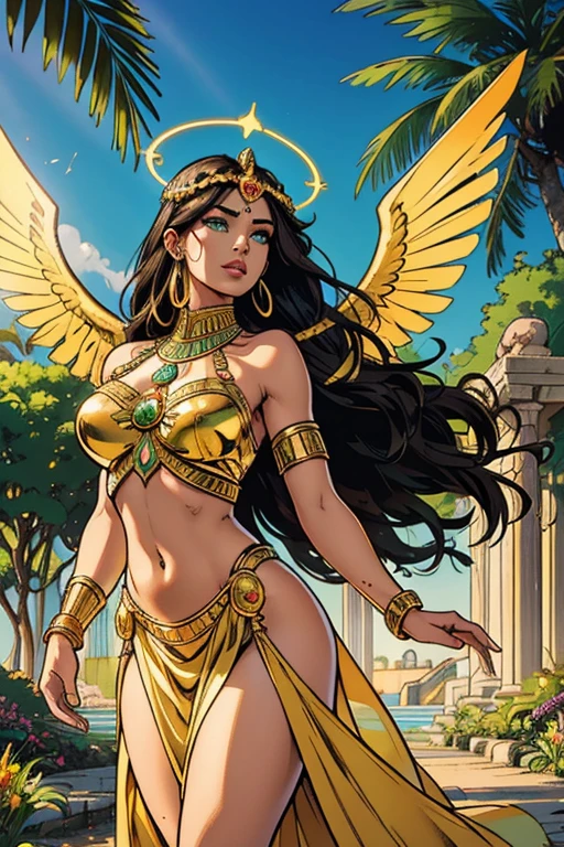 (best quality,4k,8k,highres,masterpiece:1.2),ultra-detailed,(realistic,photorealistic,photo-realistic:1.37),goddess Isis,beautiful young women,emerald green eyes,dark wavy hair,egyptian queen,serene expression,majestic wings,feathers shining with iridescence,flowing ethereal gown,elaborate headdress,jeweled collar,hidden power,floating in mid-air,glowing golden halo,lush green garden,sunlit columns,ancient Egyptian symbols,,vibrant colors,divine radiance,symbol of fertility and rebirth,spiritual presence,strong mystical aura,peaceful yet commanding presence