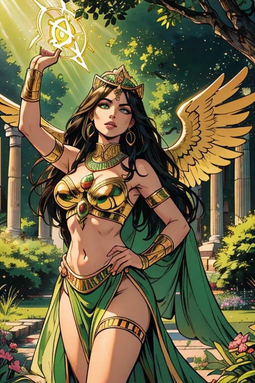 (best quality,4k,8k,highres,masterpiece:1.2),ultra-detailed,(realistic,photorealistic,photo-realistic:1.37),goddess Isis,beautiful young women,emerald green eyes,dark wavy hair,egyptian queen,serene expression,majestic wings,feathers shining with iridescence,flowing ethereal gown,elaborate headdress,jeweled collar,hidden power,floating in mid-air,glowing golden halo,lush green garden,sunlit columns,ancient Egyptian symbols,,vibrant colors,divine radiance,symbol of fertility and rebirth,spiritual presence,strong mystical aura,peaceful yet commanding presence