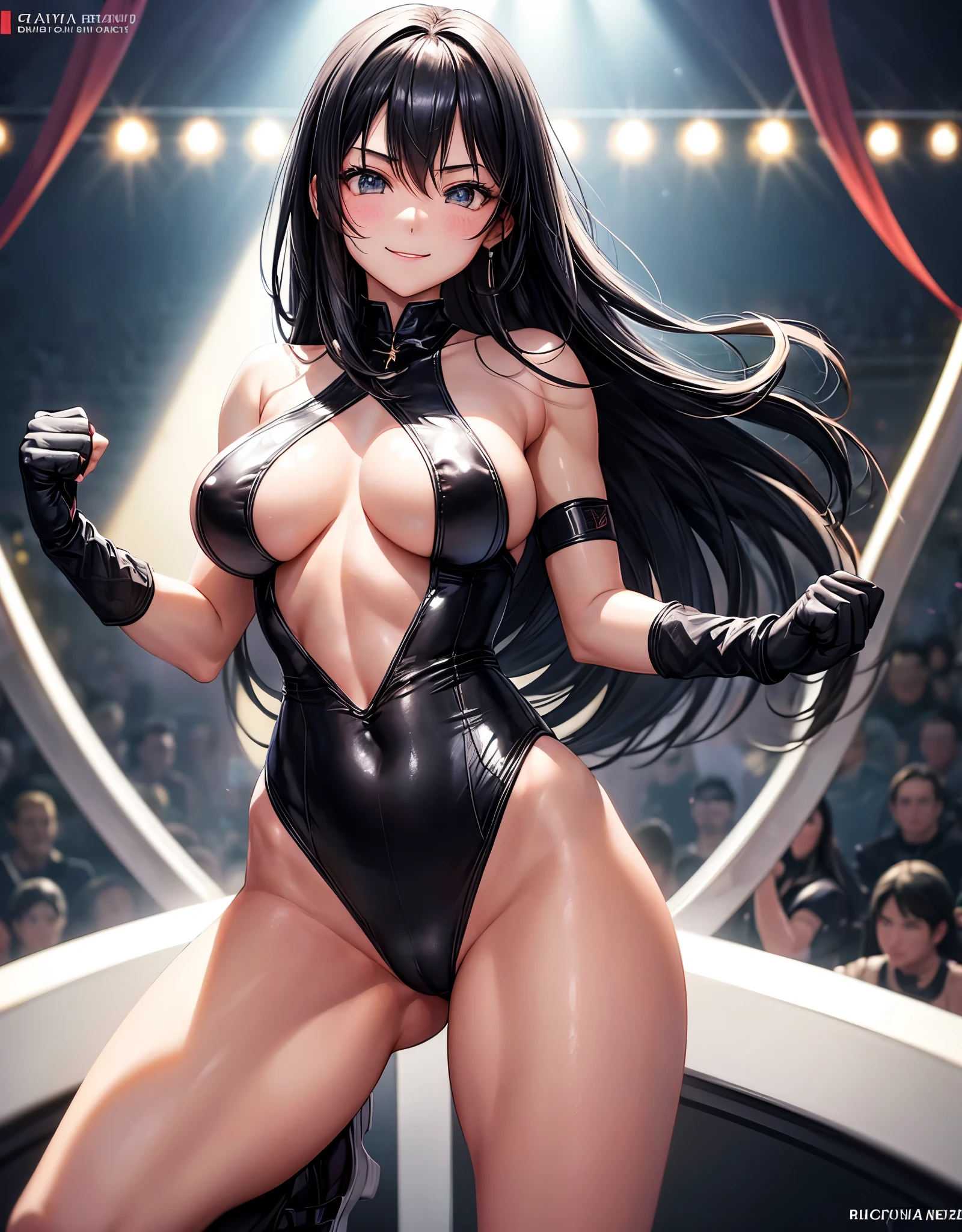 beautiful girl、Fighter、Black Hair、long hair、Big Breasts、sexy、Sexy、A gentle smile、Racy leotard、High leg、Wristband、Gloves、Long shoes、canvaat、On the Ring、Match in the ring、venue、The whole body is visible、Abdominal muscles、one person、Straight punch