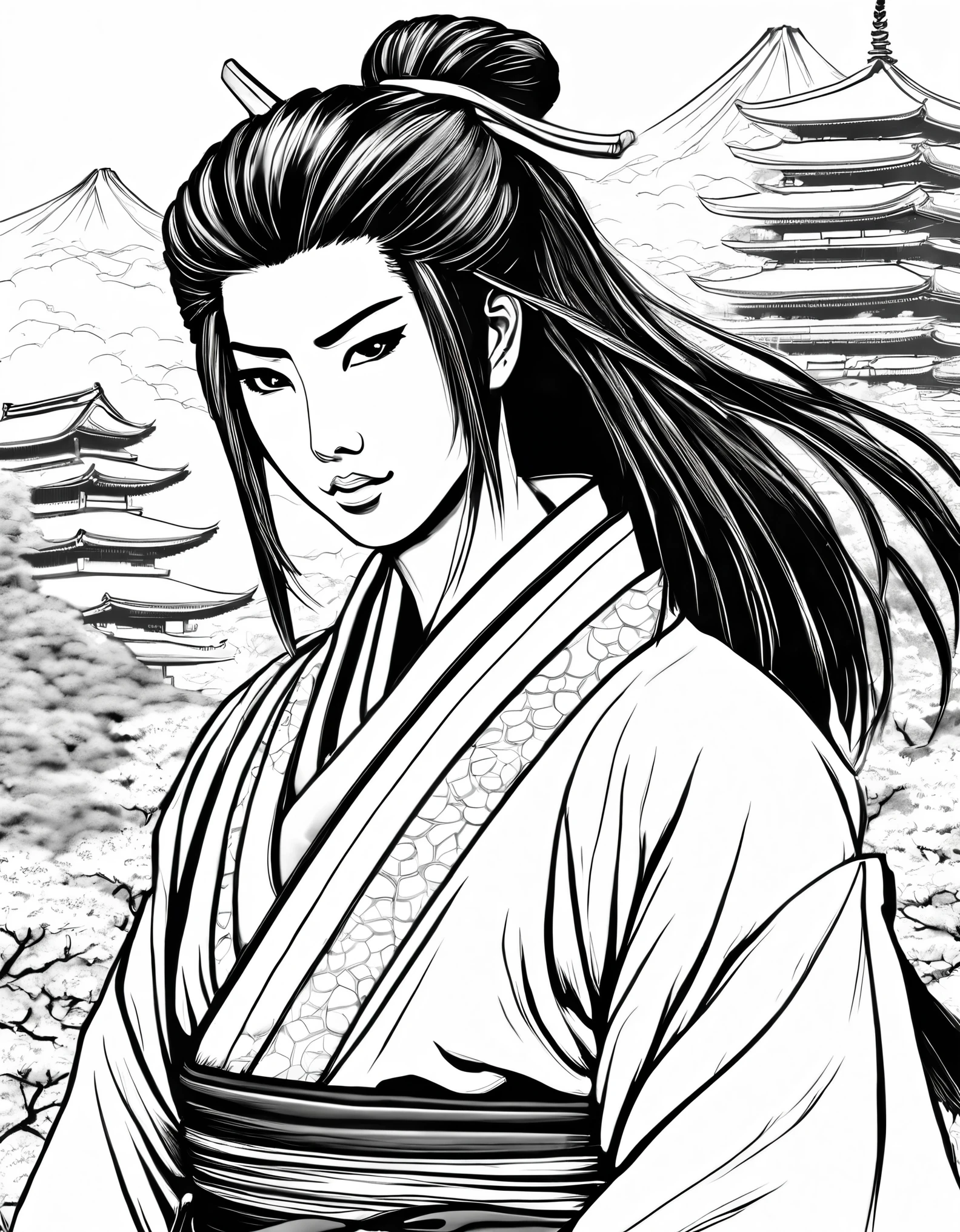 Pau preto e branco, japanese casal, sua arte em tinta fina, comic style, portrait of japan, Glamour de kyoto, bela arte de linha, black and white comic style, manga style, manga art style, pencil and ink caricature drawing, black and white coloring, cabelo branco, other positions, cabelo branco, cabelo branco, preto e branco, sem tons de cinza, corpo inteiro. Japan Background, gueixa e samurai