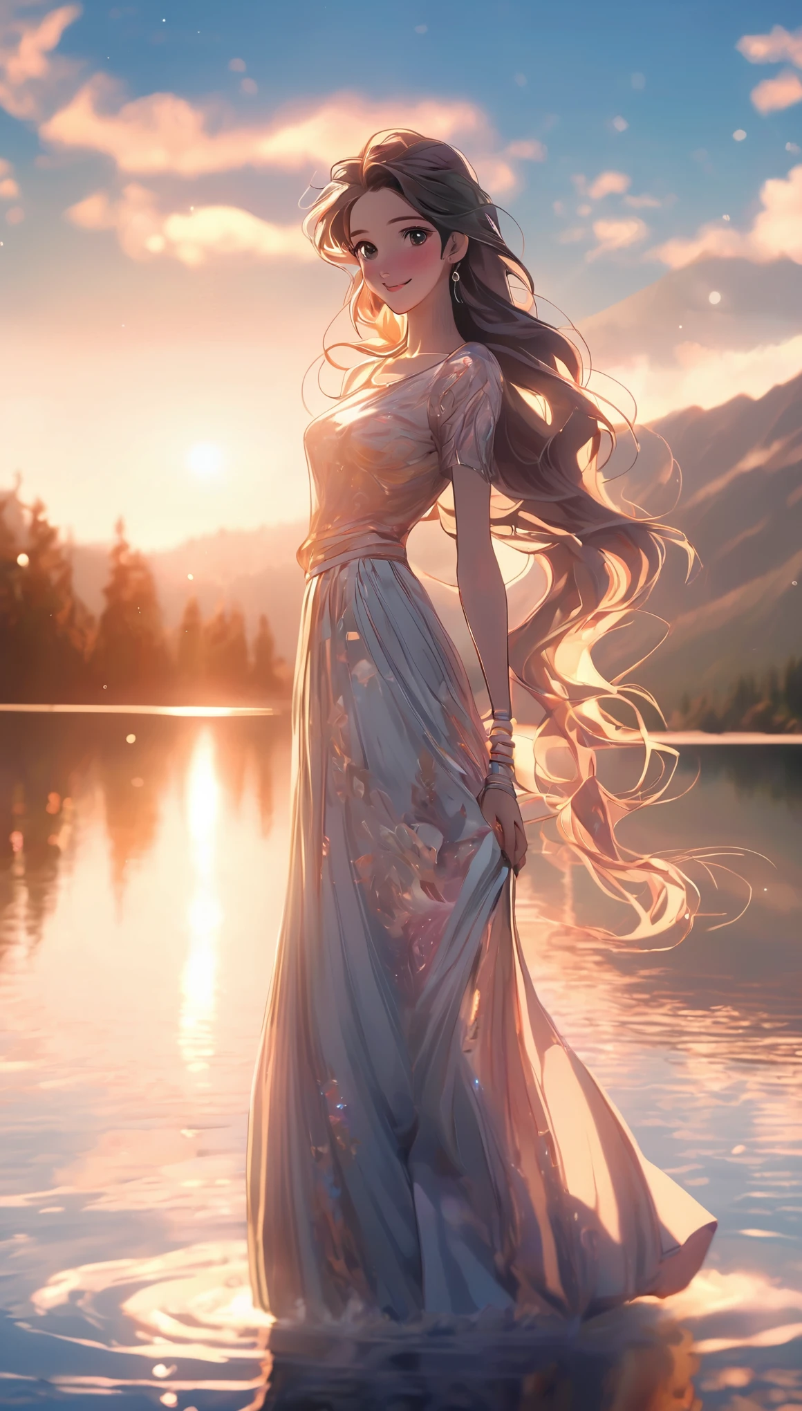 1 girl, Happy expression, charming eyes, Straight long hair, flowing skirt, big deal, looking at the sun, calm pose, porcelain skin, faint blush, Crystal PendantBREAK Golden Hour, (edge lighting): 1.2, cool color, solar flare, soft shadow, bright colors, Effect, Great atmosphereBREAK Scenic lake, distant mountains, pine, top of mountain, Reflection, clouds illuminated by sunlight, peaceful atmosphere, Idyllic sunrise, Super detailed, official art, unified 8k wallpaper, Zentangle, mandala