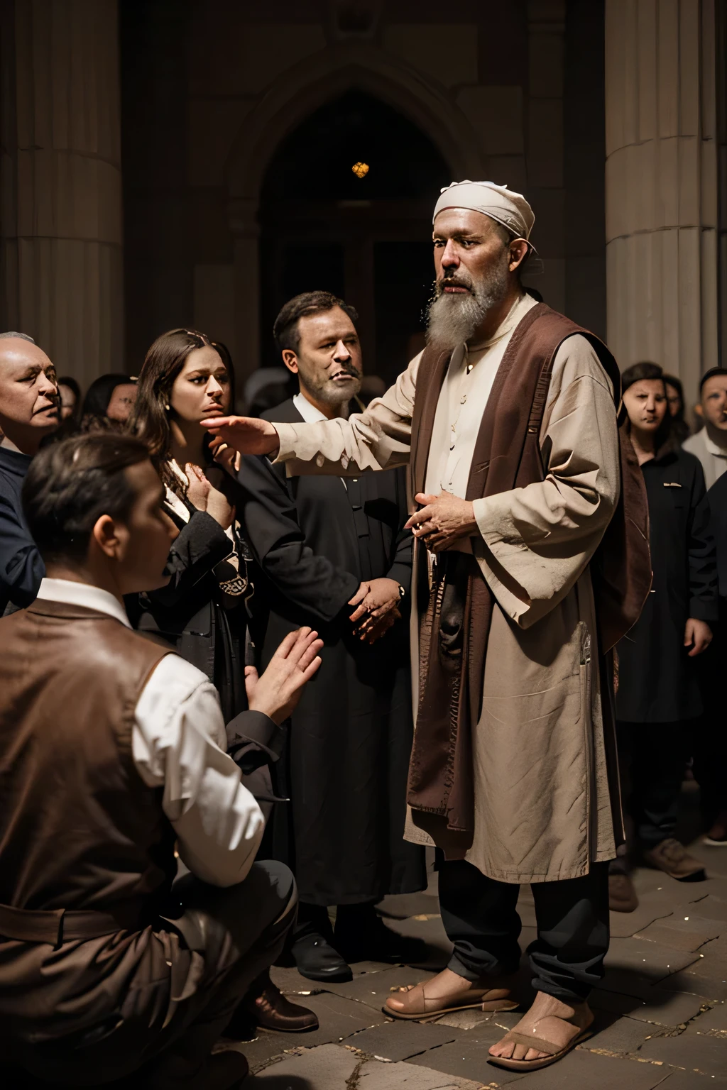 Small crowd from ancient times asking the old prophet Samuel for a king