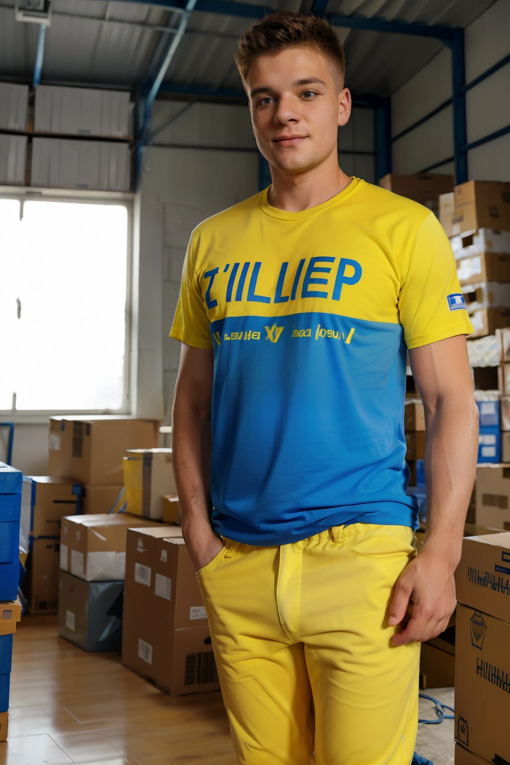 Ukrainian male volunteer, age 33, in a warehouse with humanitarian aid, dressed in yellow pants and a blue T-shirt, inscription on a T-shirt "UHELPIS", packs into boxes, room with foggy lighting, slogan on the t-shirt "UHELPIS", there are other volunteers in the background