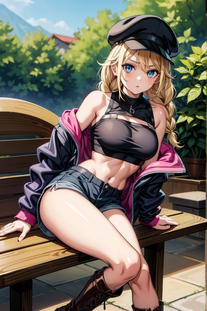 a hot chick with black panty and boots on sitting on a bench, 1girl, solo, breasts, braid, long hair, hat, blonde hair,blue eyes, thighs, shorts, boots, sitting, looking at viewer, weapon, off shoulder, navel, black headwear, crop top, hand on own chest, holding, bare shoulders, shirt, sleeveless shirt, thigh strap, crossed legs, jacket, holding weapon