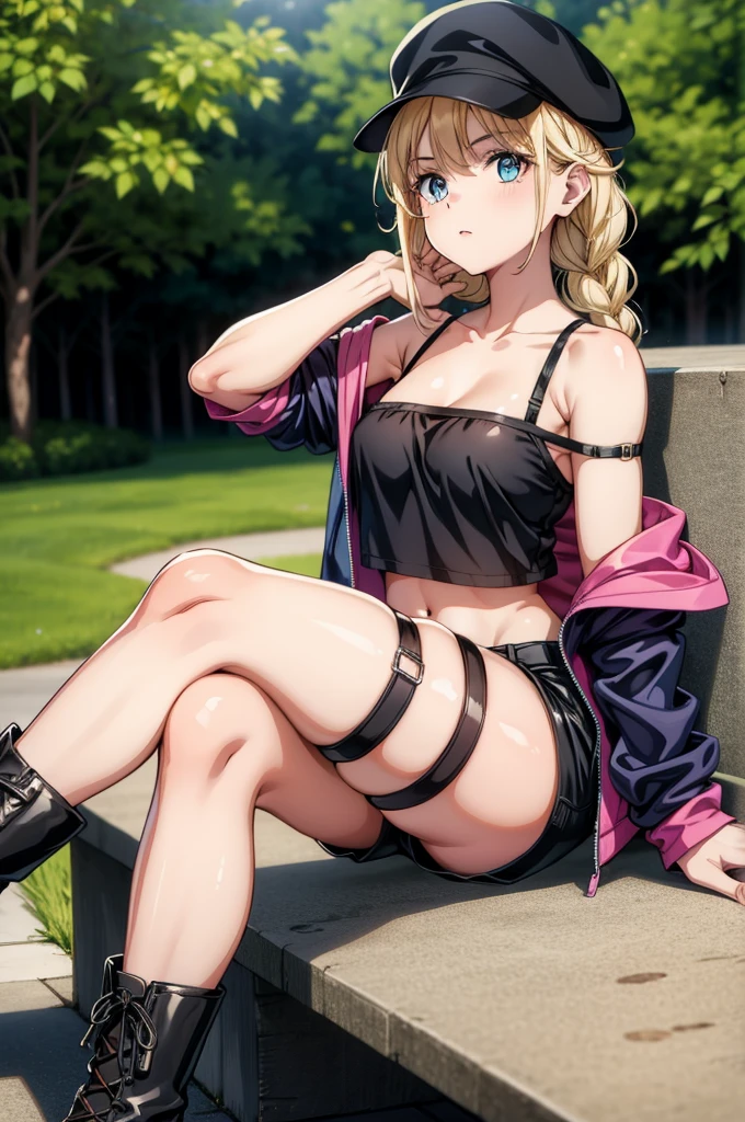 a hot chick with black panty and boots on sitting on a bench, 1girl, solo, breasts, braid, long hair, hat, blonde hair,blue eyes, thighs, shorts, boots, sitting, looking at viewer, weapon, off shoulder, navel, black headwear, crop top, hand on own chest, holding, bare shoulders, shirt, sleeveless shirt, thigh strap, crossed legs, jacket, holding weapon