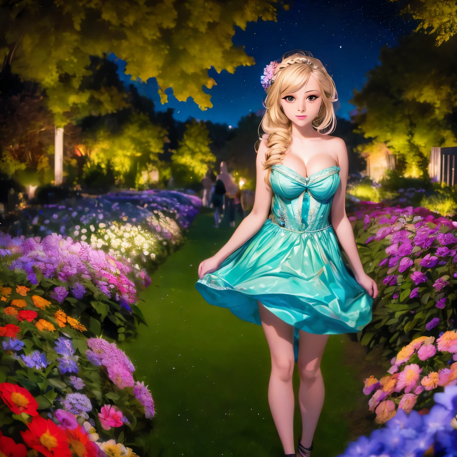 top quality, high_resolution, distinct_image, detailed background, girl, flower, garden, starry sky,