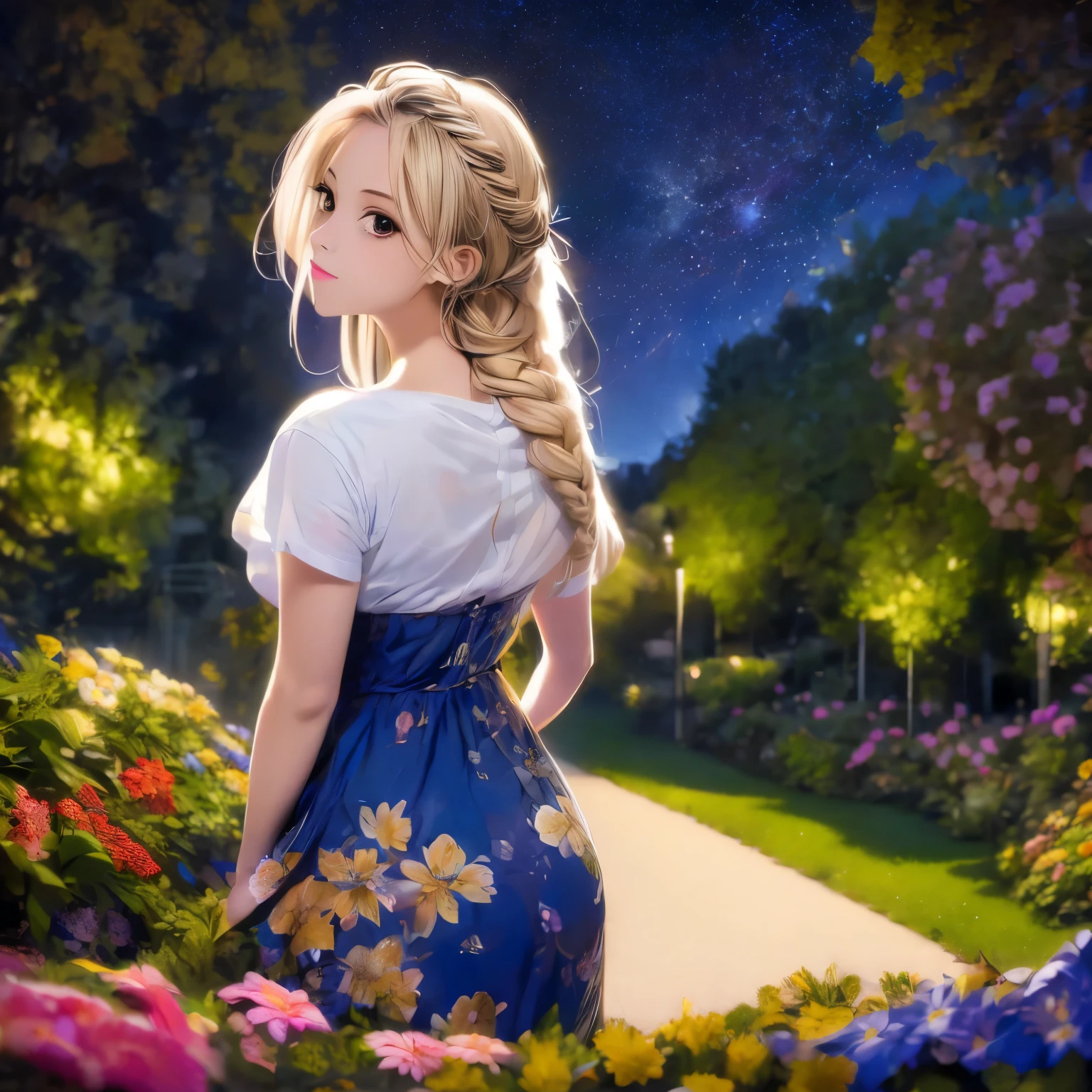 top quality, high_resolution, distinct_image, detailed background, girl, flower, garden, starry sky,