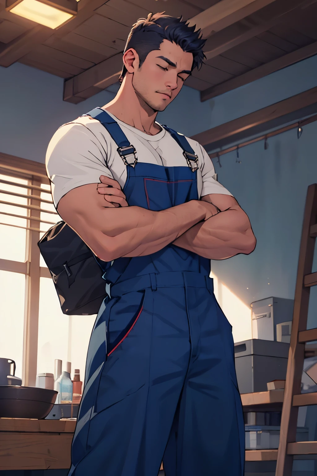 ((Homem negro)), navy blue mechanic overalls, meditando, (remo), Panorama
