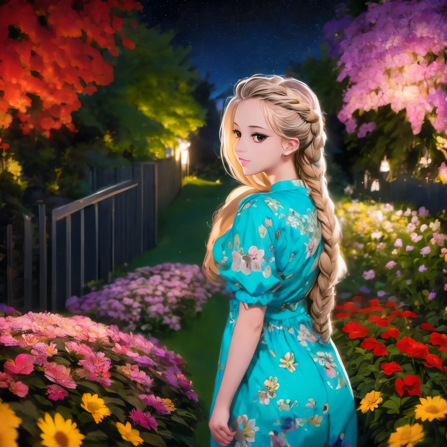 top quality, high_resolution, distinct_image, detailed background, girl, flower, garden, starry sky,