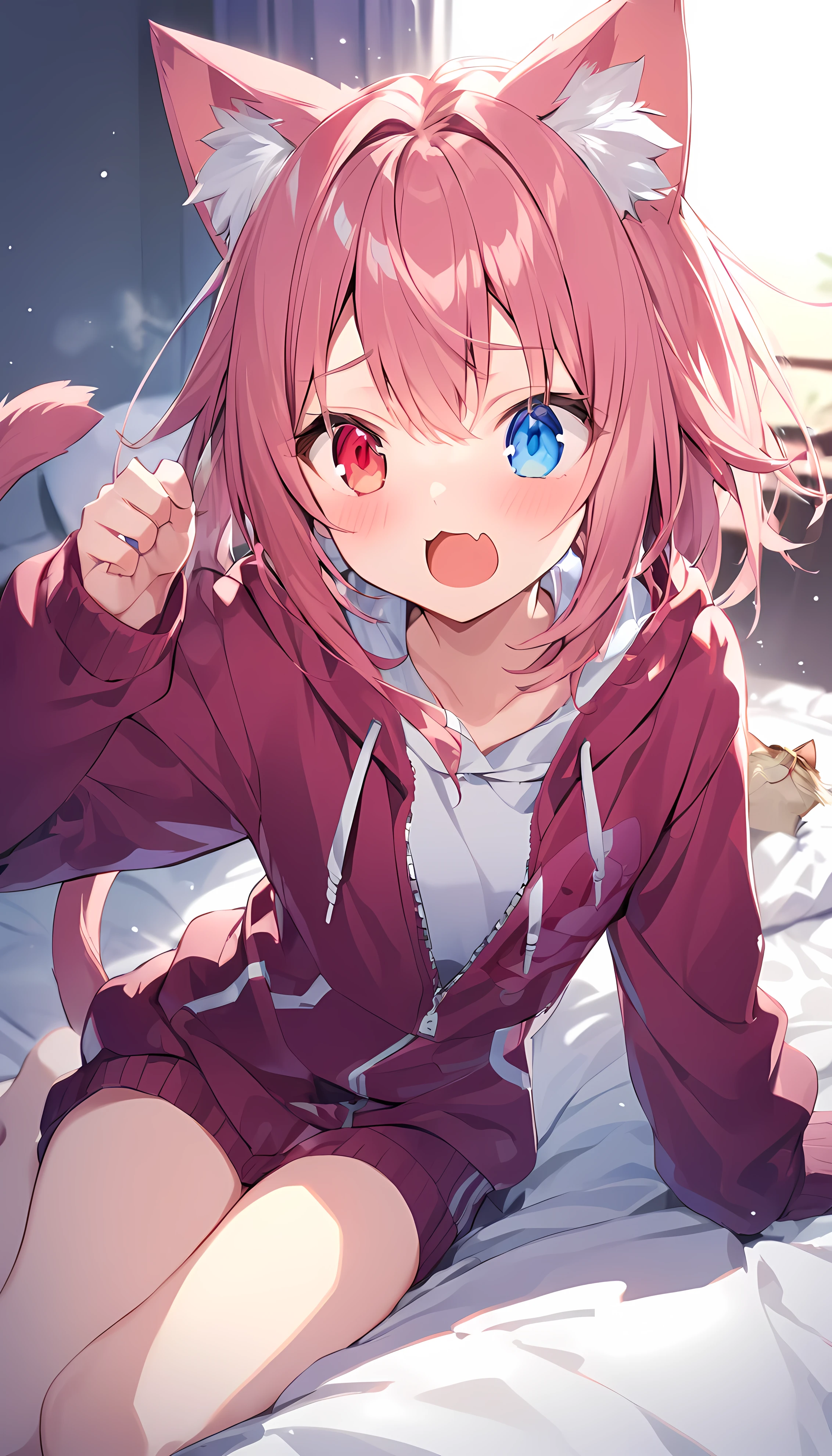 girl,hoodie,On the bed,Excited,Heterochromia Red Eyes Blue Eyes,Flat Chest,Cat ear,Feline tail