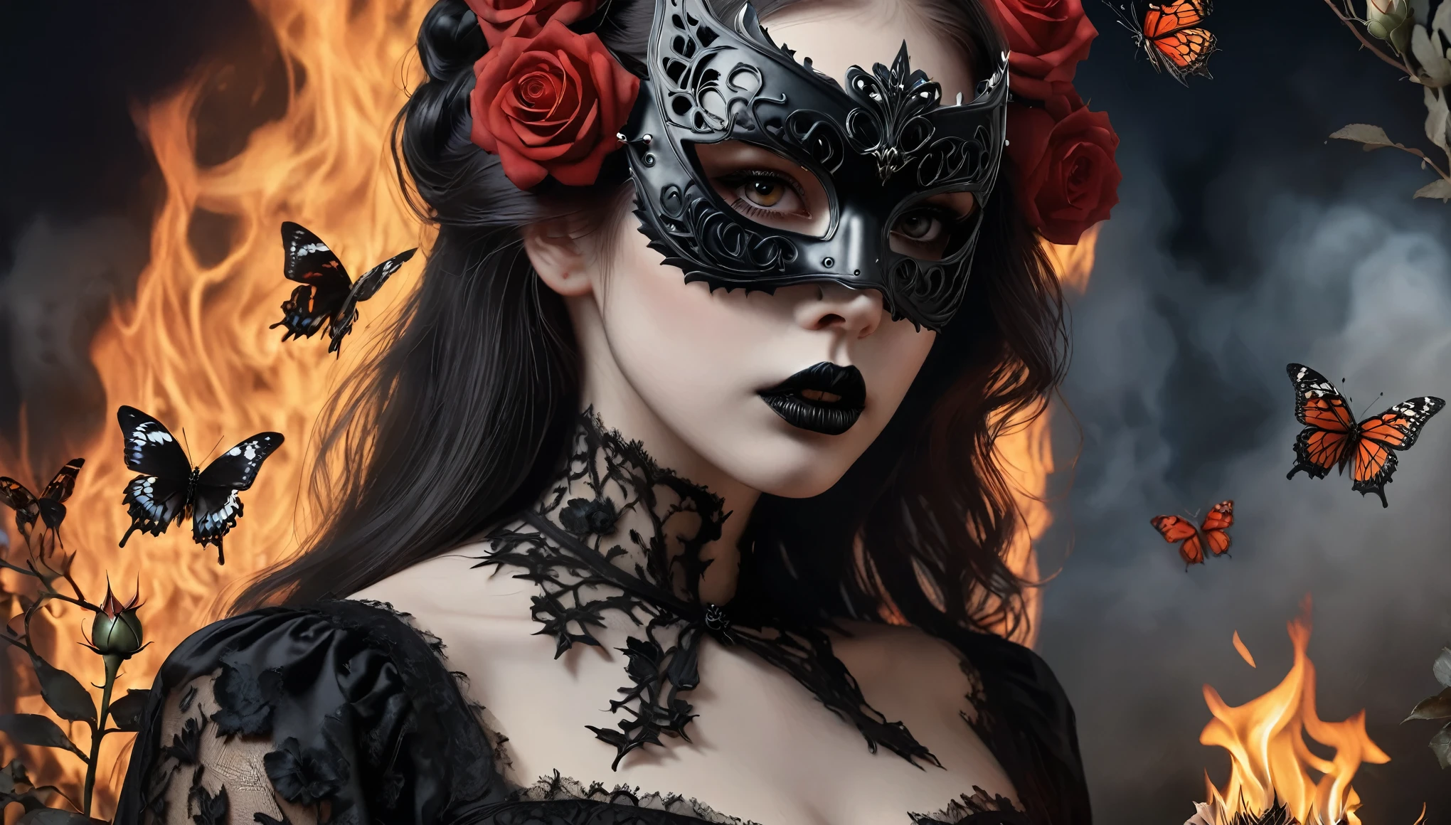 (Best quality,4k,8K,a high resolution,masterpiece:1.2),ultra detailed,(realistic,photorealistic,photo-realistic:1.37),gothic art,girl with mask,lace dress,prickly rose,Nasty,terrifying,burning butterfly,Holding the skull.