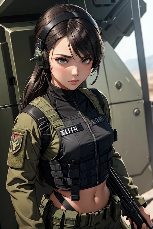 a woman in a black outfit holding a rifle and wearing headphones, 24-year-old woman, Filipino woman, tan bronze skin, soldier girl, mechanized soldier girl, military girl, beautiful female soldier, female lead character, infantry girl, of a sniper girl in war, solo female character, future combat gear, close up half body shot, Women in crop top military bulletproof vest, showing navel, quiet from metal gear solid v, wearing tactical gear, dressed in tactical armor