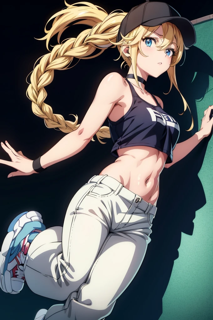 a person in an anime type style with headphones and white shorts and black top, 1girl, solo, long hair, braid, baseball cap, navel, blue eyes, hat, blonde hair, pants, breasts, sneakers, shoes, looking at viewer, midriff, stomach, choker, shadow, bare shoulders, bare arms, black headwear, crop top