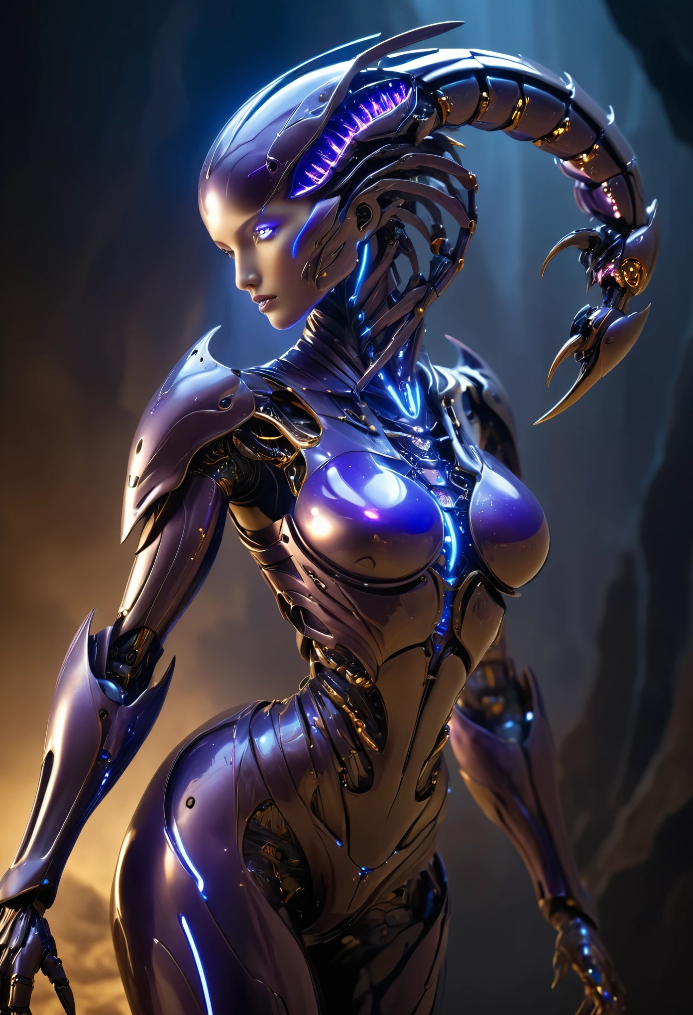 (Best Quality, 4K, 8K, High Definition, Masterpiece: 1.2), (Ultra Detailed, Realistic, Photorealistic: 1.37), a female android with a striking resemblance to a scorpion, designed to embody both elegance and lethality. Her sleek metallic frame gleams under the artificial light, every line and curve meticulously crafted to mimic the fluidity of a living organism while retaining an unmistakable mechanical precision. Both hands have become scorpion pincers.

Her humanoid form is adorned with intricate details reminiscent of a scorpion's exoskeleton. Dark, iridescent plating covers her body, reflecting subtle hues of blue and purple as she moves. Along her spine, a series of segmented plates mimic the rigid structure of a scorpion's tail, hinting at the deadly stinger that lies hidden within.

Her face is an enigma, simultaneously beautiful and unsettling. Smooth synthetic skin stretches taut over her features, giving her an appearance of ethereal beauty, yet her eyes betray a cold, calculated intelligence. They glow with an unnatural hue, shifting between shades of amber and crimson, like embers burning in the darkness.

Her hands, tipped with razor-sharp claws, are capable of both delicate precision and devastating force. Each digit moves with a fluidity that belies their mechanical nature, capable of striking with lightning speed when the need arises.

As she moves, her movements are sinuous and graceful, reminiscent of a predatory creature stalking its prey. Despite her mechanical nature, she exudes an aura of primal instinct, her every motion calculated for maximum efficiency and lethality.

In the world of science fiction, she is both a marvel of engineering and a formidable adversary, a reminder of the boundless possibilities of technology and the dangers that lie in its creation. (full body)