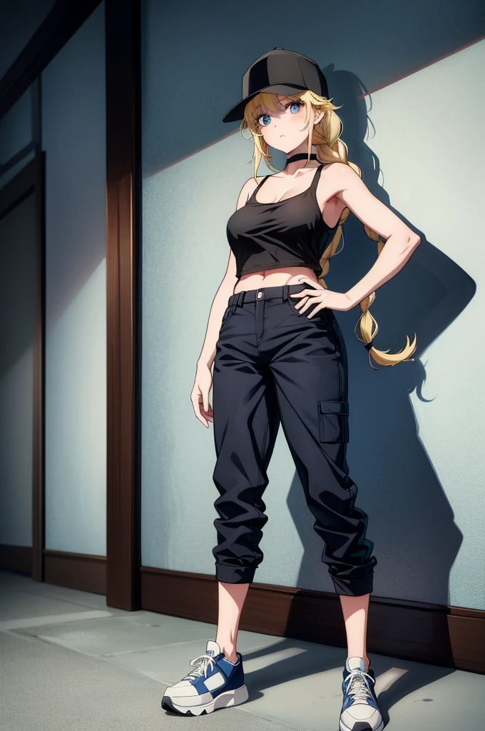 a sexy cartoon girl with a hat standing in a room with a wall paper, 1girl, solo, baseball cap, shoes, pants, sneakers, black headwear, hat, long hair, looking at viewer, blue eyes, breasts, blonde hair, bare shoulders, choker, bare arms, standing, shadow, braid, underwear, black choker, white footwear