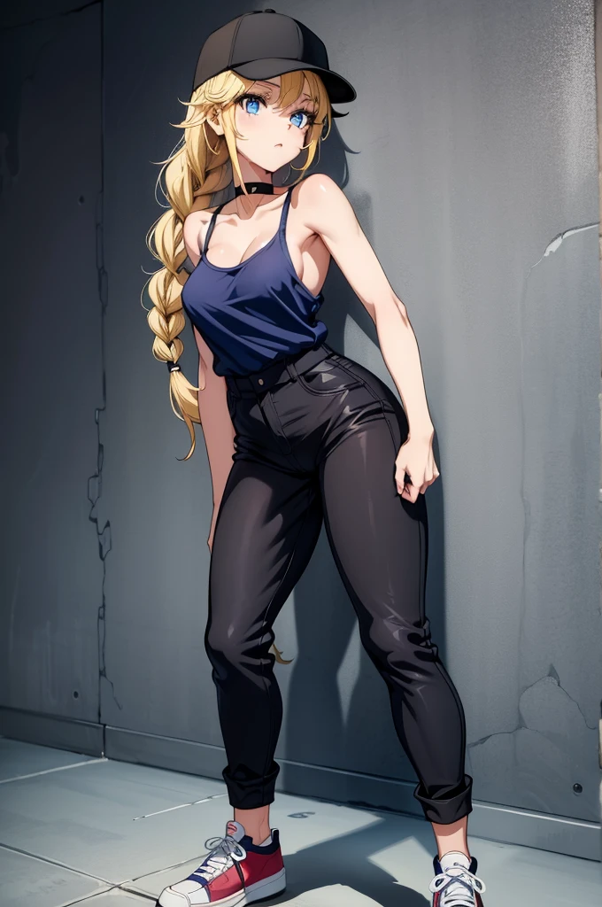 a sexy cartoon girl with a hat standing in a room with a wall paper, 1girl, solo, baseball cap, shoes, pants, sneakers, black headwear, hat, long hair, looking at viewer, blue eyes, breasts, blonde hair, bare shoulders, choker, bare arms, standing, shadow, braid, underwear, black choker, white footwear