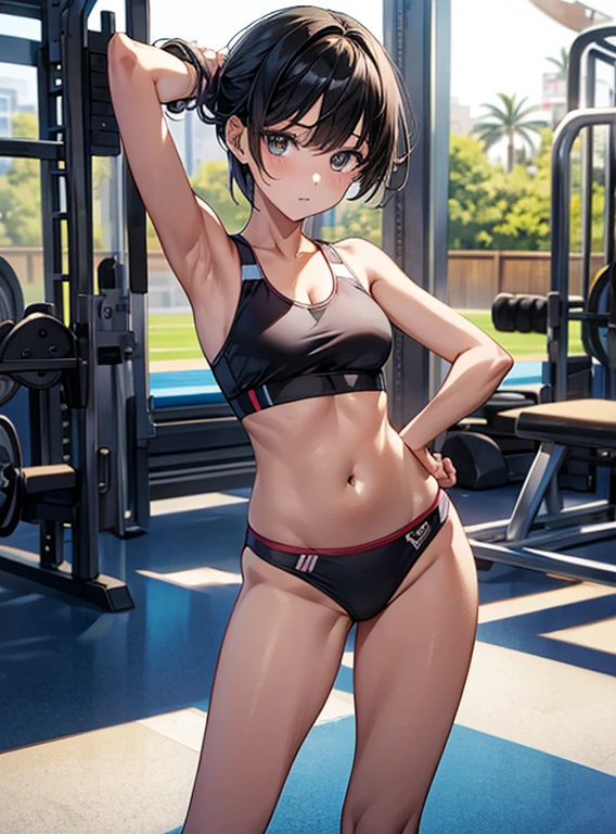 (Hands folded behind your back)、Beautiful breasts、Black Hair、Armpits are visible、Attractive breasts、Beautiful and attractive anime woman, Enchanting anime girl,Slippery、Iris、beautiful girl、、Quiet、Inconspicuous、The private parts are visible、One leg is raised wide up、Sports bra、Quite small breasts、、Young、Shortcuts、sports gym、spats、Young Girl