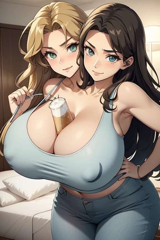 2 heads, a tall thin woman with 2 heads. Extremely huge breasts. In a bedroom. Wearing a tiny tank top. Wearing jeans. Young. Happy. Thin face. Seductive eyes. Long messy hair. Sexy. Smiling. Gigantic breasts. Nerdy, sexy nerd appearance. Deep cleavage. Beer can between breasts. Hard nipples under bra. Gigantic round breasts. Enormous fake round breasts. Giant circular breasts. Selfie POV, taking a selfie.