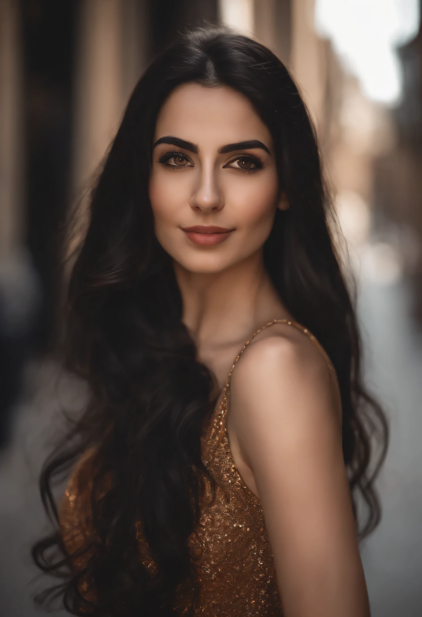 A Syrian girl, 26 anos de idade, cabelo preto comprido, pale, silky skin, peito grande, sensual. Face on camera, olhos castanhos, ((selfie da parte superior do corpo, feliz)), (em 8K, Fotografia crua, Maximum quality, obra-prima:1.2), (ar livre), ruas da cidade, Nova Iorque, cores brilhantes