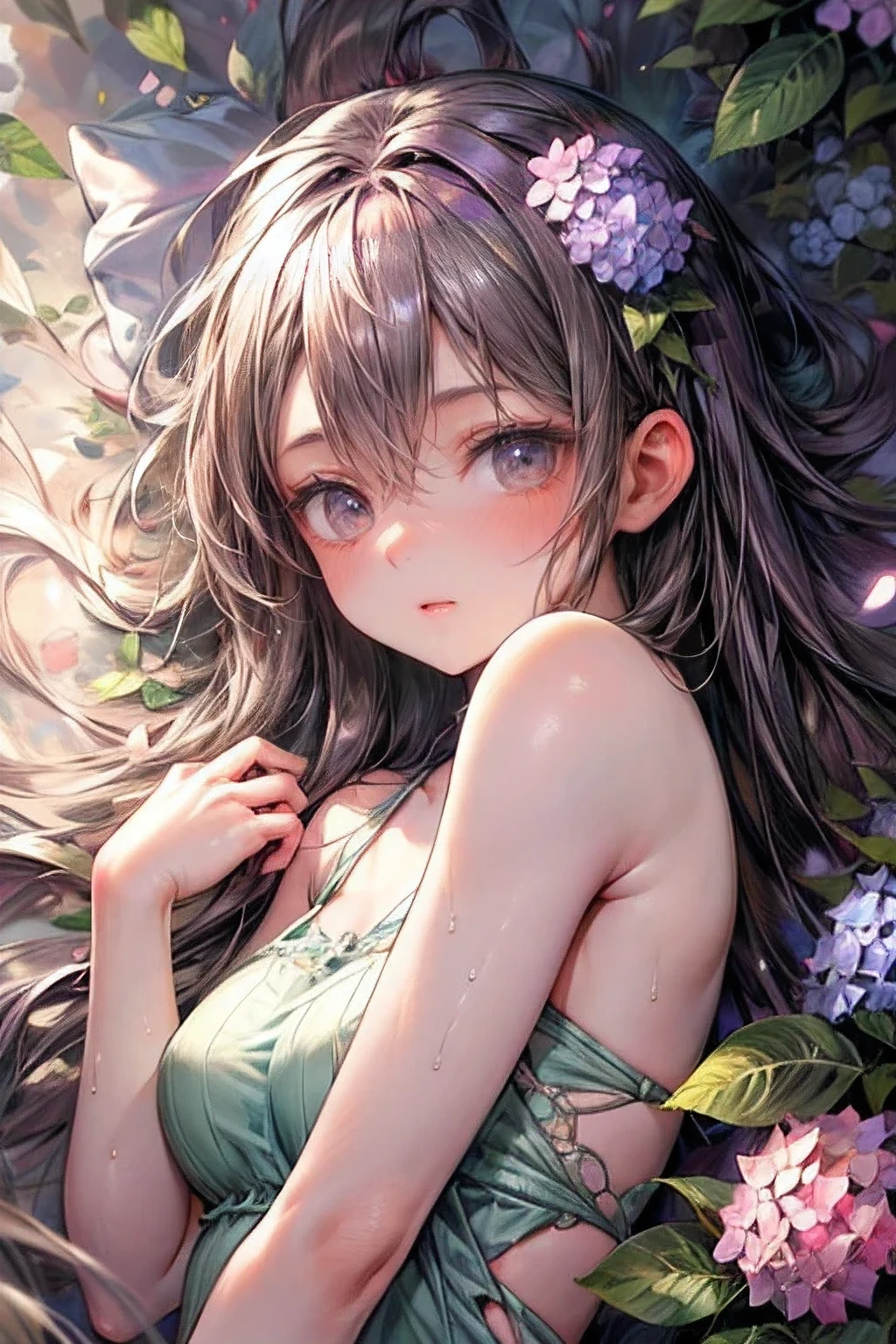 (best quality,4k,highres,masterpiece:1.2, beautiful ultra-details),cute girl, lying in a outdoor garden, bare shoulder, bare arms, beautiful detailed eyes,sparkling eyes, beautiful detailed lips,shining lips, extremely detailed eyes and face,long eyelashes,(soft raining:1.1),(many hydrangeas in full bloom:1.1),(serene atmosphere),(gently falling raindrops),(soft and delicate petals),(fresh green leaves),(damp ground),(peaceful and tranquil scenery),(subtle sound of raindrops),(vibrant colors),(subtle shades of purple),(gentle breeze),(magical atmosphere),(ethereal beauty),(dream-like setting),(sunlight filtering through the clouds),(serene expression),(comfortable clothing),(enjoying the beautiful view),(wet hair),(water droplets on the skin),(peaceful ambiance), 