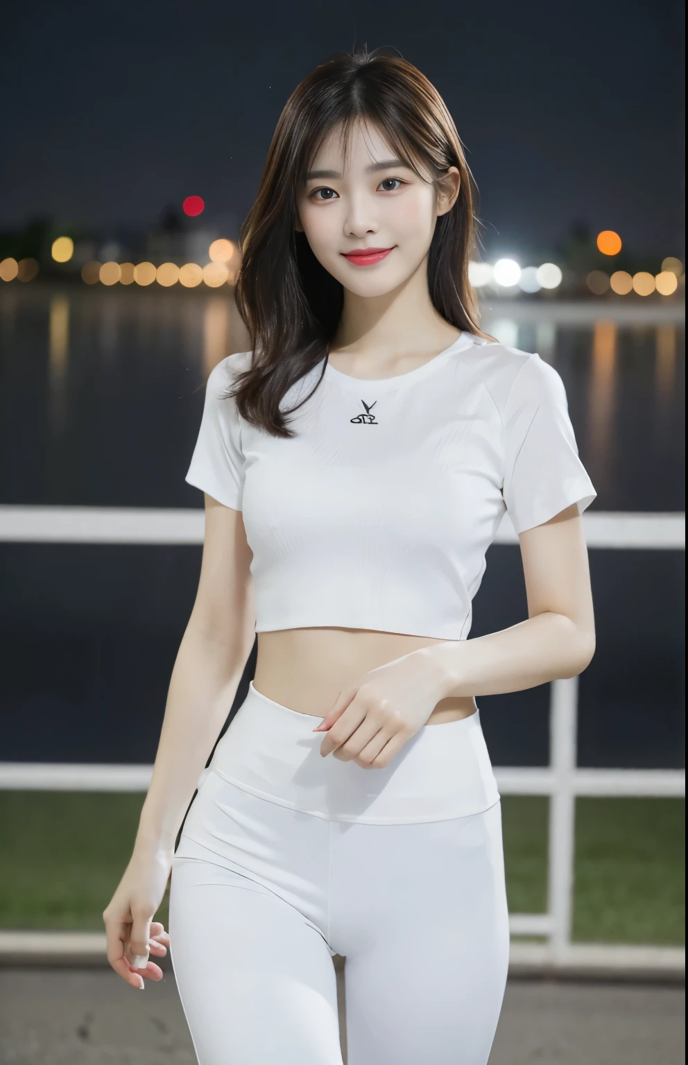 (Ultra Realistic), (ultra High Resolution), (8K), (Very Detailed), (Best Quality), (Ultra Detailed), (Masterpiece), (Wallpaper),Photo, Realistic, (photorealistic: 1.0), raw photo, deep masterpiece,
Live Action - (Realistic lighting, Top Quality, 8K, Masterpiece: 1.3)), Clear Focus: 1.2, (Outdoor, Night: 1.1), sharp focus, cinematic lighting,
Canon EOS R5, 50mm,
beautiful south korean woman, beautiful young korean woman, korean women's fashion model, ulzzang,
Whitened skin, Fine eyes,smiling, Ultra Fine Makeup,detailed brown hair, long hair,
flat chest,
(skinny and fit body:1.3), thigh gap, realistic glistening skin, slim waist,
High quality work, (white color sports tops, white color sports leggings:1.4), whole body
Full Leg : 1.2, night city running,
Lookout, Detailed,
absurdres, no nipple,
Solo, Woman, 1 Girl,
