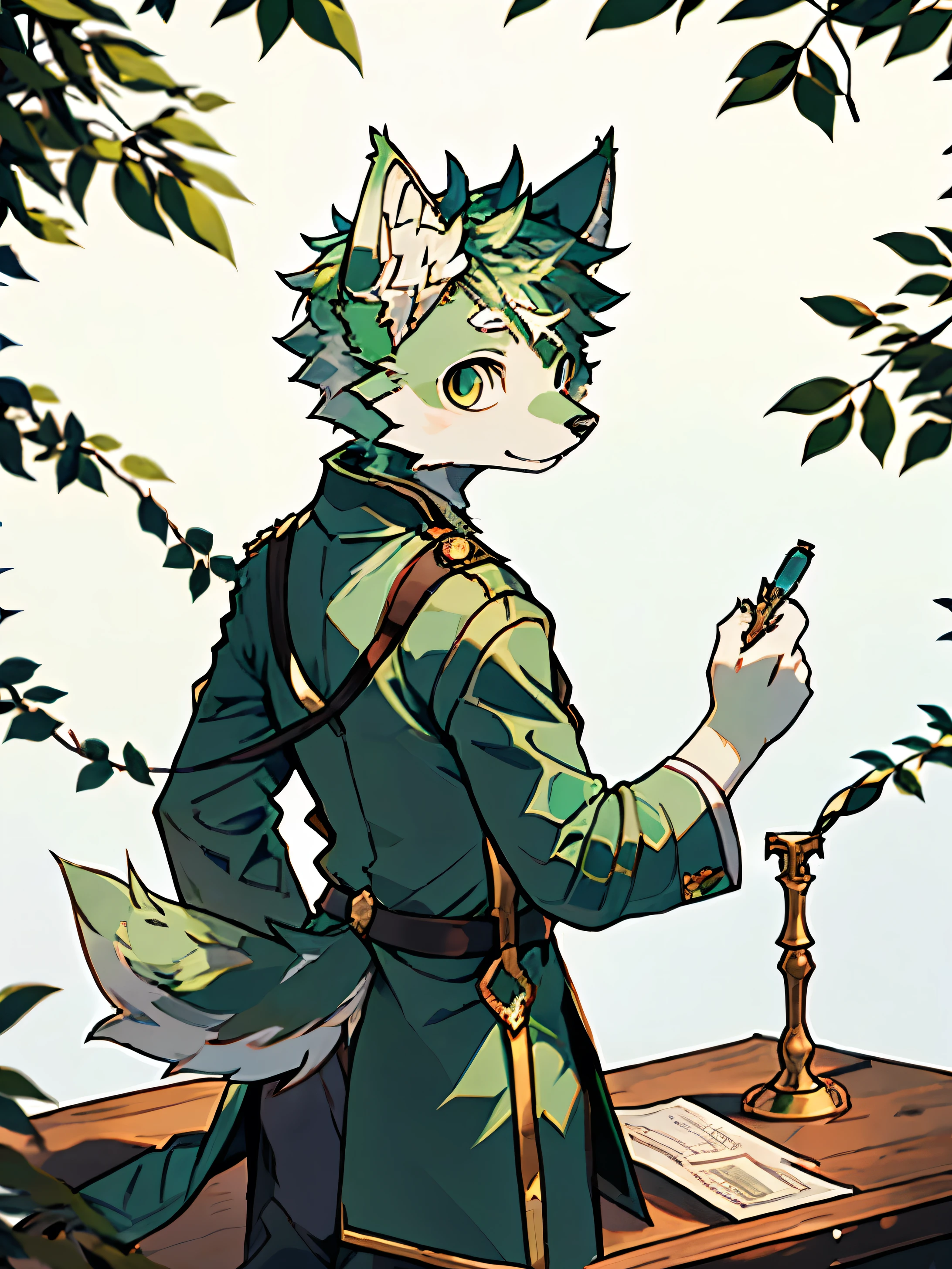 (best qualtiy,Fidelity1.4)solo person,Side-faced wolf-eared young male,Light green hair,White belly,monocle,sittinng on the desk,Hold the medicine bottle in your hand,The head is entangled with vines,Look back and shoot down,Presents a surreal illusion
