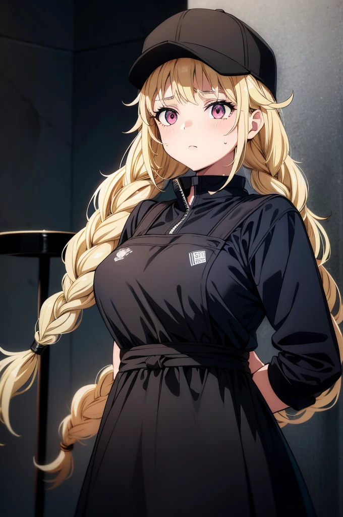(((grayscale)))(masterpiece:1.2, best quality), (graffiti wall:1.15)vibrant colors, female, masterpiece, sharp focus, best quality, depth of field, cinematic lighting, black hair, pink eyes, indoors, apron, blacksmith, muscular, leather apron, multiple weapons, forging, anvil, swords, sweating, ,Eiko Tsukimi, blue eyes, braid, twin braids, (((blonde hair)))), semi long hair,baseball cap