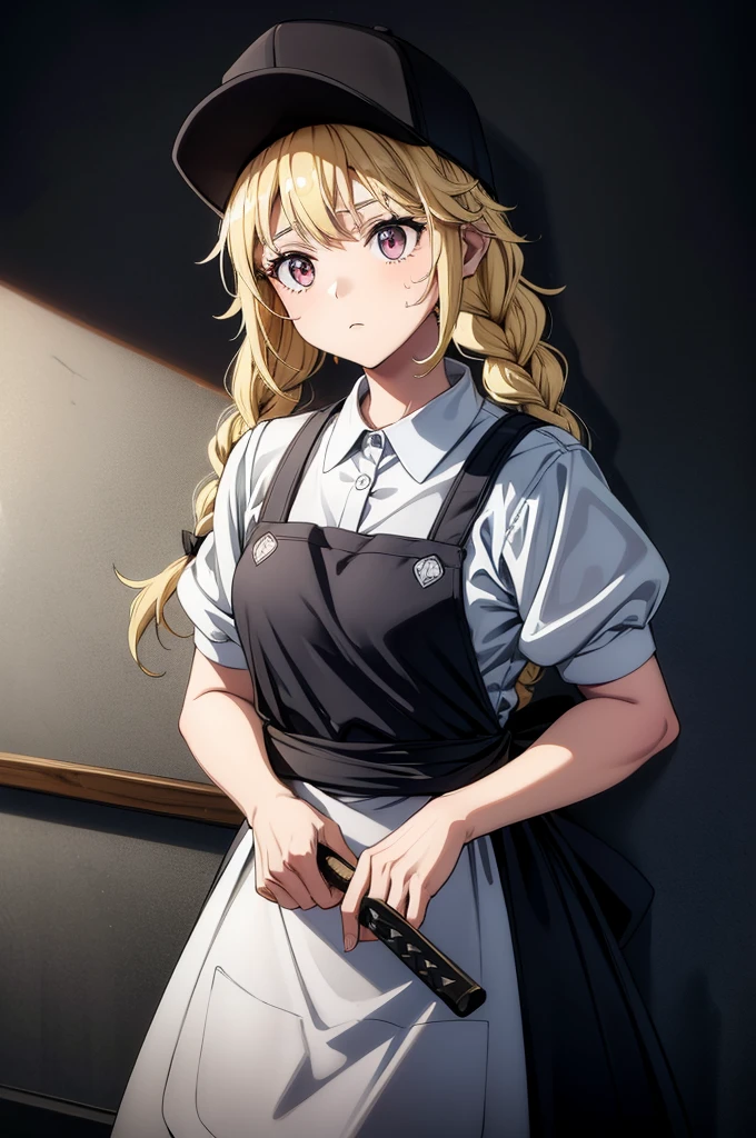 (((grayscale)))(masterpiece:1.2, best quality), (graffiti wall:1.15)vibrant colors, female, masterpiece, sharp focus, best quality, depth of field, cinematic lighting, black hair, pink eyes, indoors, apron, blacksmith, muscular, leather apron, multiple weapons, forging, anvil, swords, sweating, ,Eiko Tsukimi, blue eyes, braid, twin braids, (((blonde hair)))), semi long hair,baseball cap