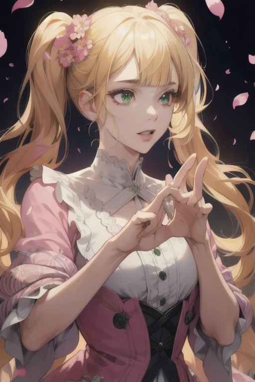 (Absurd, High resolution, Super detailed), One girl, Mature Woman, Wavy blonde hair, Twin tails, Blunt bangs, Green Eyes, Pink Dress, Detailed eyes and face, Highly detailed CG Unity 8k wallpaper, Intricate details, break , Kaleidoscope image, Symmetrical pattern, Vibrant colors, geometric shapes, Captivating Design, Optical illusion, dynamic composition break , Pantomime Art, Expressive body language, Silent Storytelling, Emotional gestures, Visual storytelling, theatrical performances break , Blooming Flowers, colorful petals, Fragrant Scent, Blessings of Nature, Vibrant Gardens, Serene landscape