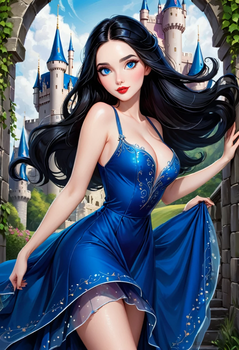 Create An Intricate Illustration With An Enchanting Girl With Long, Flowing Black Hair, And An Alluring Yet Cute Countenance. Her Most Striking Features Include Whimsical, Deep Blue Eyes That Seem To Hold A Touch Of Mischief And Full, Sensual Crimson Lips. She Is-Buxom, Wearing A Elegant Dress Made For Royalty. The Girl's Demeanor Is-Vivacious, With An Air Of Intelligence And An Underlying Playfulness. She Carries An Enchanting Hint Of Naughtiness. The Backdrop Has An Otherworldly Castle, The Image Should Capture Her Captivating Beauty And The Sense Of Wonder Brought By The Ethereal Castle.
