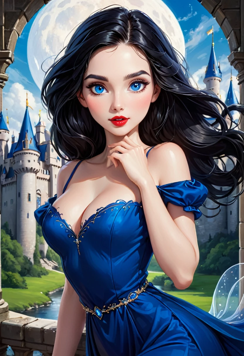 Create An Intricate Illustration With An Enchanting Girl With Long, Flowing Black Hair, And An Alluring Yet Cute Countenance. Her Most Striking Features Include Whimsical, Deep Blue Eyes That Seem To Hold A Touch Of Mischief And Full, Sensual Crimson Lips. She Is-Buxom, Wearing A Elegant Dress Made For Royalty. The Girl's Demeanor Is-Vivacious, With An Air Of Intelligence And An Underlying Playfulness. She Carries An Enchanting Hint Of Naughtiness. The Backdrop Has An Otherworldly Castle, The Image Should Capture Her Captivating Beauty And The Sense Of Wonder Brought By The Ethereal Castle.
