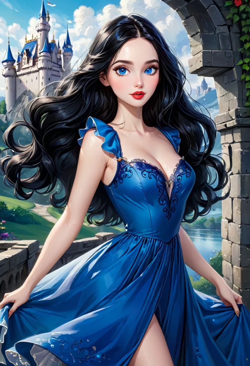 Create An Intricate Illustration With An Enchanting Girl With Long, Flowing Black Hair, And An Alluring Yet Cute Countenance. Her Most Striking Features Include Whimsical, Deep Blue Eyes That Seem To Hold A Touch Of Mischief And Full, Sensual Crimson Lips. She Is-Buxom, Wearing A Elegant Dress Made For Royalty. The Girl's Demeanor Is-Vivacious, With An Air Of Intelligence And An Underlying Playfulness. She Carries An Enchanting Hint Of Naughtiness. The Backdrop Has An Otherworldly Castle, The Image Should Capture Her Captivating Beauty And The Sense Of Wonder Brought By The Ethereal Castle.
