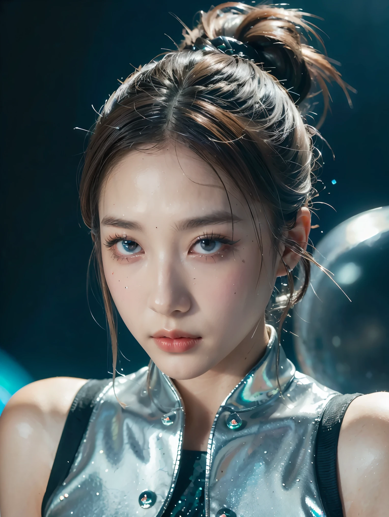 best quality, masterpiece, realistic, 1girl, goddess, messy [updo|hanging] hair, (full body:0.6), solo, (full body:0.6), looking down, detailed background, detailed face, Sc3pt4, sci-fi theme:1.1), mercury-wizard, melancholic, surrounded by waves of iridescent silver, alchemical imagery, reflections, silver-colored fluid, metallic sheen, shiny, dynamic pose, fluid movement, floating particles, droplets of mercury, flowing metal, blending mercury, foreign planet in background, dripping mercury formations, volumetric lighting, cinematic atmosphere, sharp details, high detail skin, realistic skin texture, perfect eyes