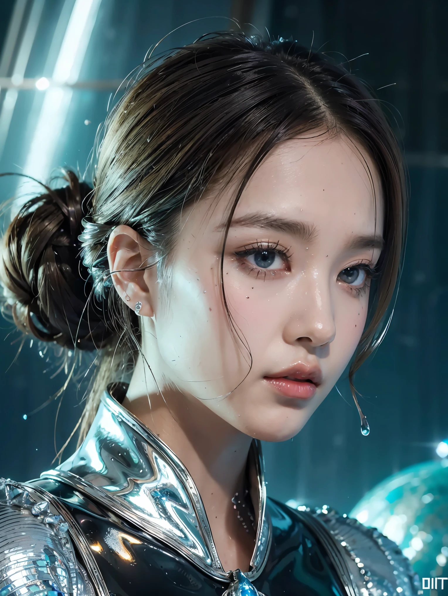 best quality, masterpiece, realistic, 1girl, goddess, messy [updo|hanging] hair, (full body:0.6), solo, (full body:0.6), looking down, detailed background, detailed face, Sc3pt4, sci-fi theme:1.1), mercury-wizard, melancholic, surrounded by waves of iridescent silver, alchemical imagery, reflections, silver-colored fluid, metallic sheen, shiny, dynamic pose, fluid movement, floating particles, droplets of mercury, flowing metal, blending mercury, foreign planet in background, dripping mercury formations, volumetric lighting, cinematic atmosphere, sharp details, high detail skin, realistic skin texture, perfect eyes