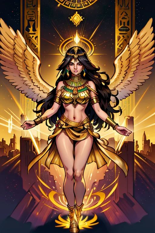 (best quality,4k,8k,highres,masterpiece:1.2),ultra-detailed,(realistic,photorealistic,photo-realistic:1.37),goddess Isis,beautiful young women,emerald brown eyes,dark black wavy hair,egyptian queen,serene expression,majestic wings,feathers shining with iridescence,,elaborate headdress,jeweled collar,hidden power,floating in mid-air,glowing golden halo,,sunlit columns,ancient Egyptian symbols,vibrant colors,divine radiance,symbol of fertility and rebirth,spiritual presence,strong mystical aura,peaceful yet commanding presence