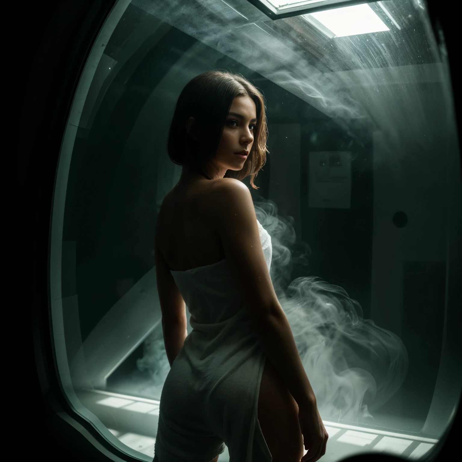 (YES NSFW). (a photo of 8k ultra realistic corrupted rainbow transparent glass humanoid queen standing next to a spaceship window overlooking earth, swarm of transparent glass shards, cinematic lighting, trending on artstation, 4k, hyperrealistic, focused, extreme details, unreal engine 5, cinematic, masterpiece), bodytowel, Looking at the viewer, High details, Backlit. Diffuse lights. Viewed from bottom, lower point of view. Dutch angle. realistic hands, wide angle. Isometric, green fog in cave, smoke around, Ultra realistic, 16k, best quality, high resolution,