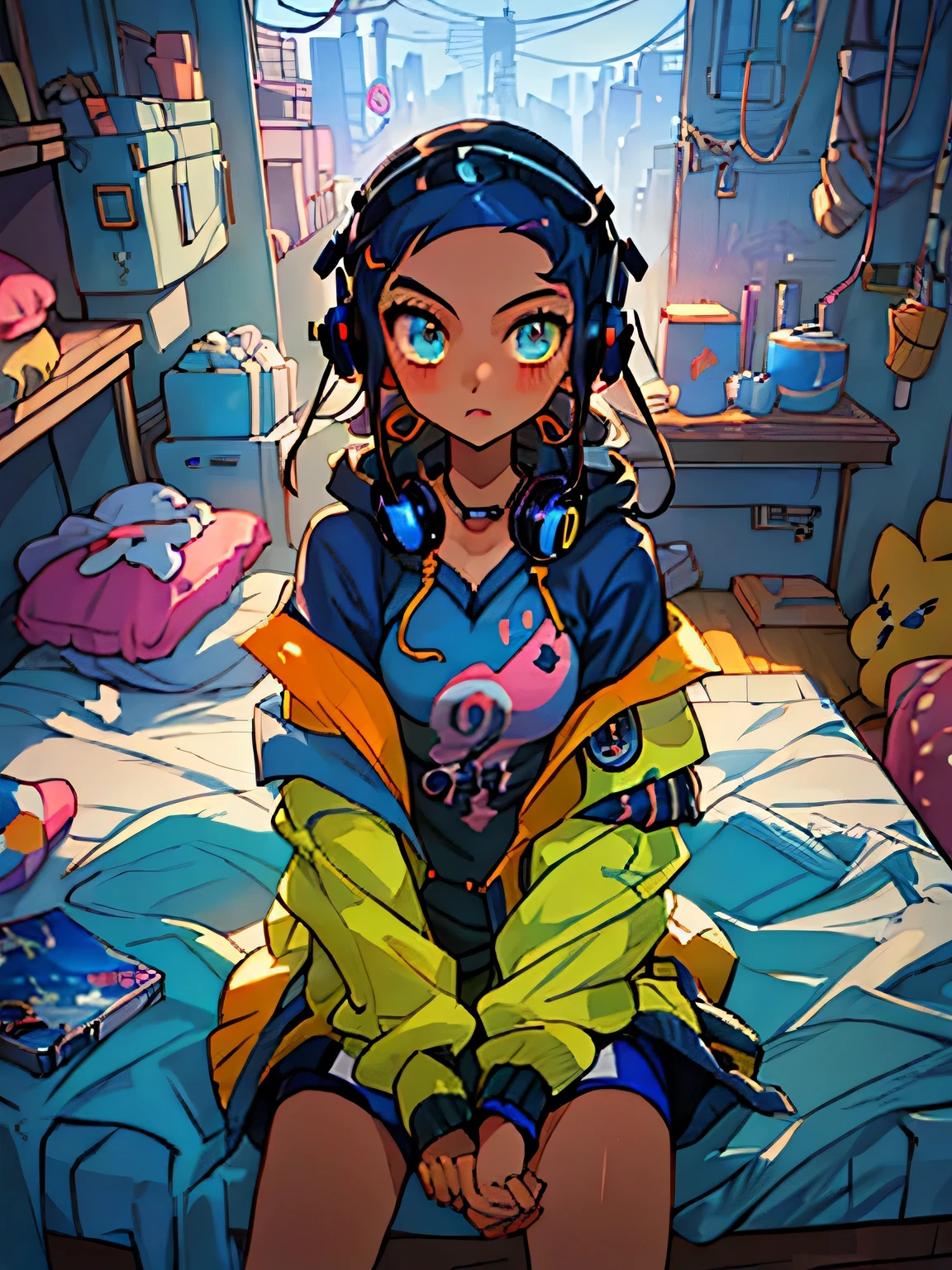 anime girl sitting on bed with headphones on and yellow jacket, anime style 4 k, cyberpunk anime girl in hoodie, artwork in the style of guweiz, anime style. 8k, anime moe artstyle, anime vibes, realistic anime 3 d style, anime visual of a cute girl, young anime girl, an anime girl, guweiz on pixiv artstation