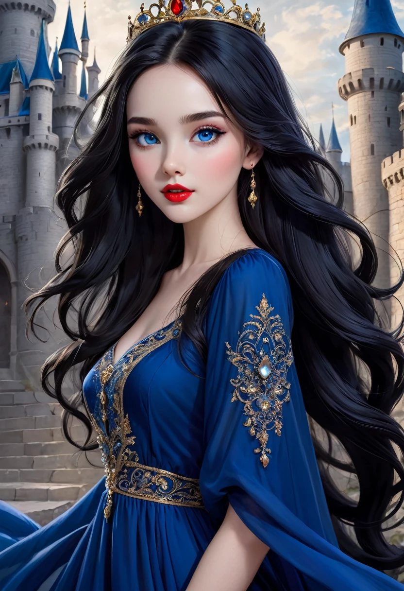 Create An Intricate Illustration With An Enchanting Girl With Long, Flowing Black Hair, And An Alluring Yet Cute Countenance. Her Most Striking Features Include Whimsical, Deep Blue Eyes That Seem To Hold A Touch Of Mischief And Full, Sensual Crimson Lips. She Is-Buxom, Wearing A Elegant Dress Made For Royalty. The Girl's Demeanor Is-Vivacious, With An Air Of Intelligence And An Underlying Playfulness. She Carries An Enchanting Hint Of Naughtiness. The Backdrop Has An Otherworldly Castle, The Image Should Capture Her Captivating Beauty And The Sense Of Wonder Brought By The Ethereal Castle.