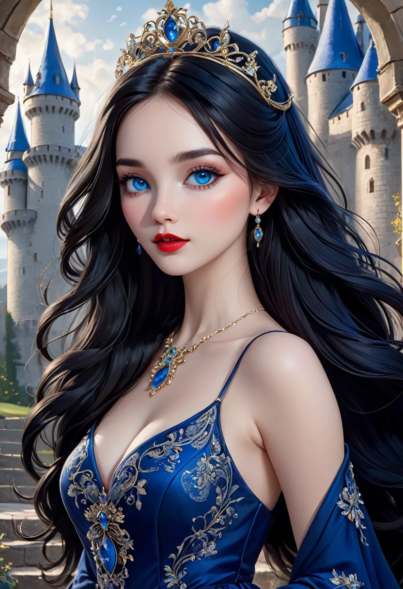 Create An Intricate Illustration With An Enchanting Girl With Long, Flowing Black Hair, And An Alluring Yet Cute Countenance. Her Most Striking Features Include Whimsical, Deep Blue Eyes That Seem To Hold A Touch Of Mischief And Full, Sensual Crimson Lips. She Is-Buxom, Wearing A Elegant Dress Made For Royalty. The Girl's Demeanor Is-Vivacious, With An Air Of Intelligence And An Underlying Playfulness. She Carries An Enchanting Hint Of Naughtiness. The Backdrop Has An Otherworldly Castle, The Image Should Capture Her Captivating Beauty And The Sense Of Wonder Brought By The Ethereal Castle.
