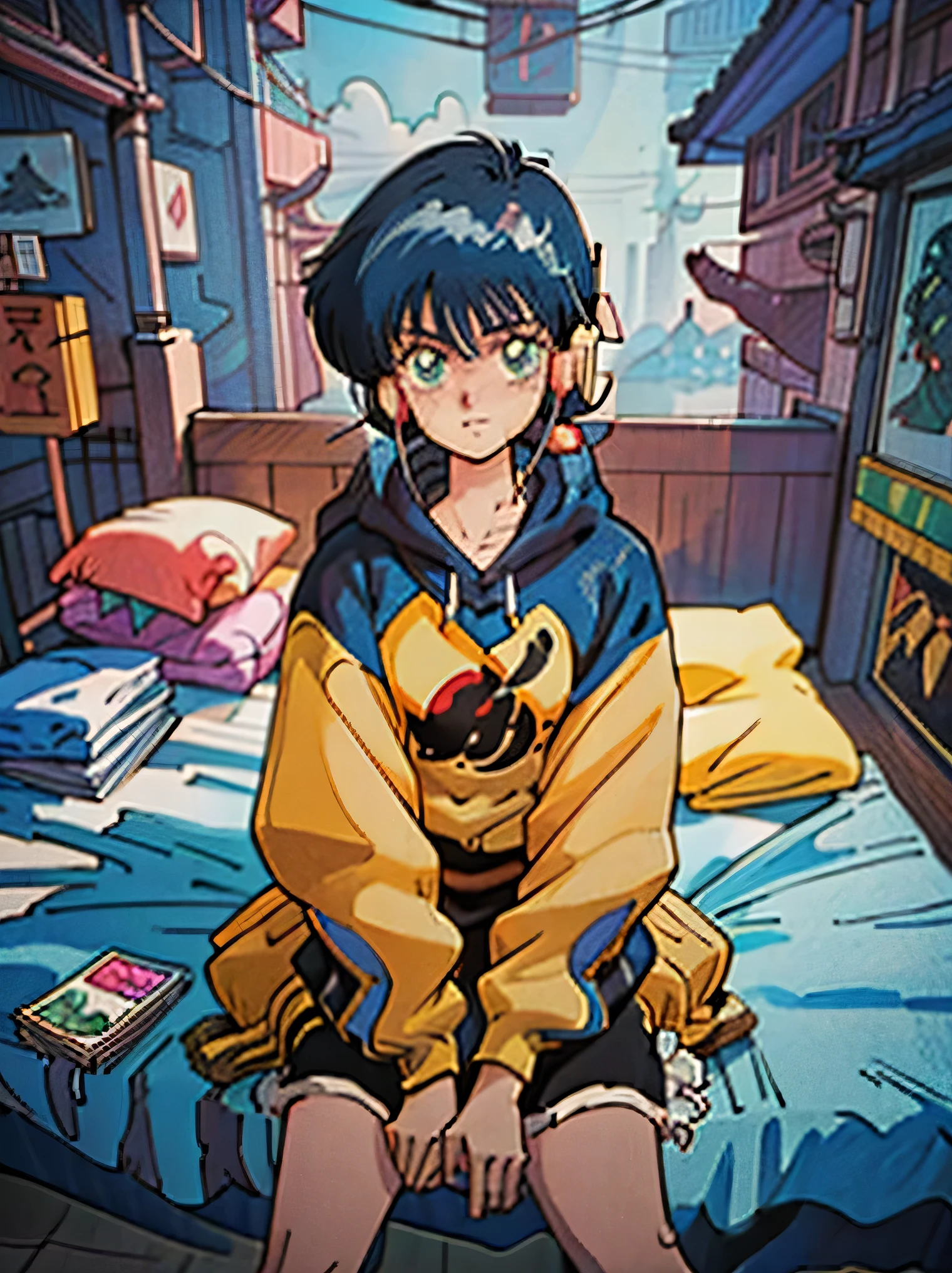 anime girl sitting on bed with headphones on and yellow jacket, anime style 4 k, cyberpunk anime girl in hoodie, artwork in the style of guweiz, anime style. 8k, anime moe artstyle, anime vibes, realistic anime 3 d style, anime visual of a cute girl, young anime girl, an anime girl, guweiz on pixiv artstation