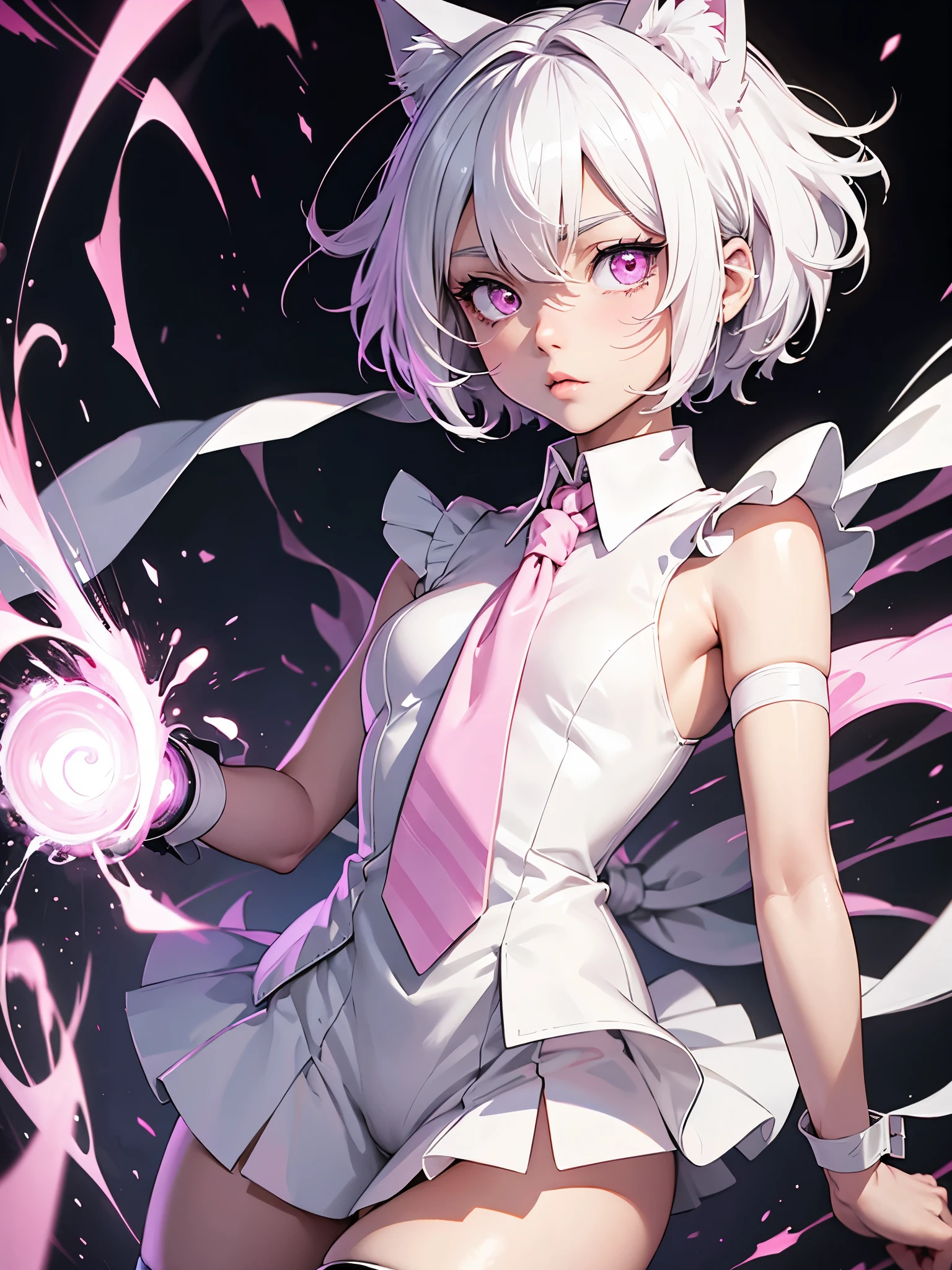White hair. Short hair. Anime girl. Pink eyes. Glowing eyes. Nekomimi. Black and white clothes. Pink tie. Bandage in elbow.