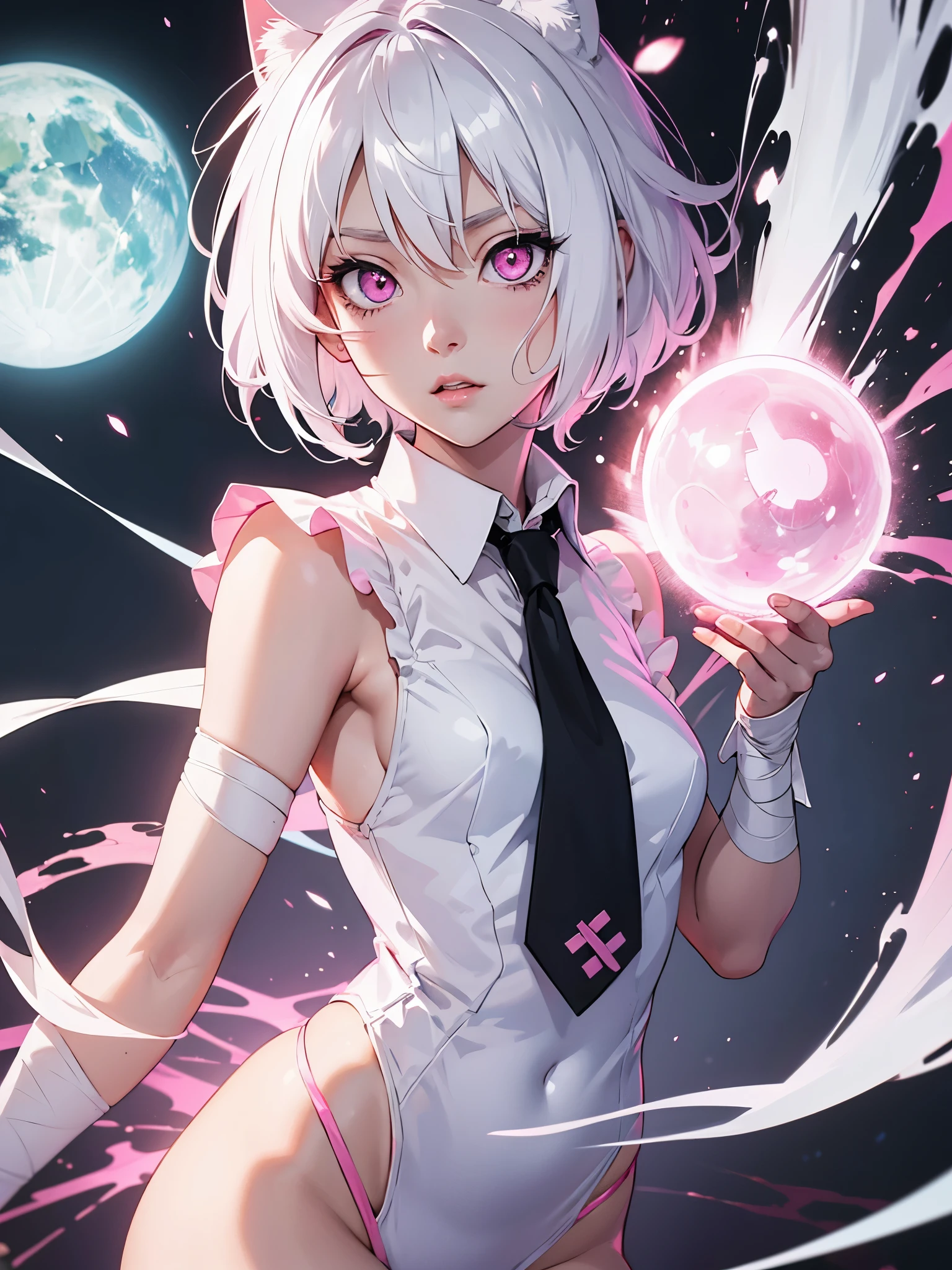 White hair. Short hair. Anime girl. Pink eyes. Glowing eyes. Nekomimi. Black and white clothes. Pink tie. Bandage in elbow. 