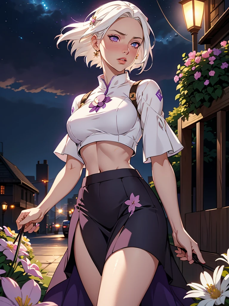 realistic, 1girl, white hair, purple eyes, glowing eyes, crop top, skirt, parted lips, blush, night, flowers, sun, sunlight,