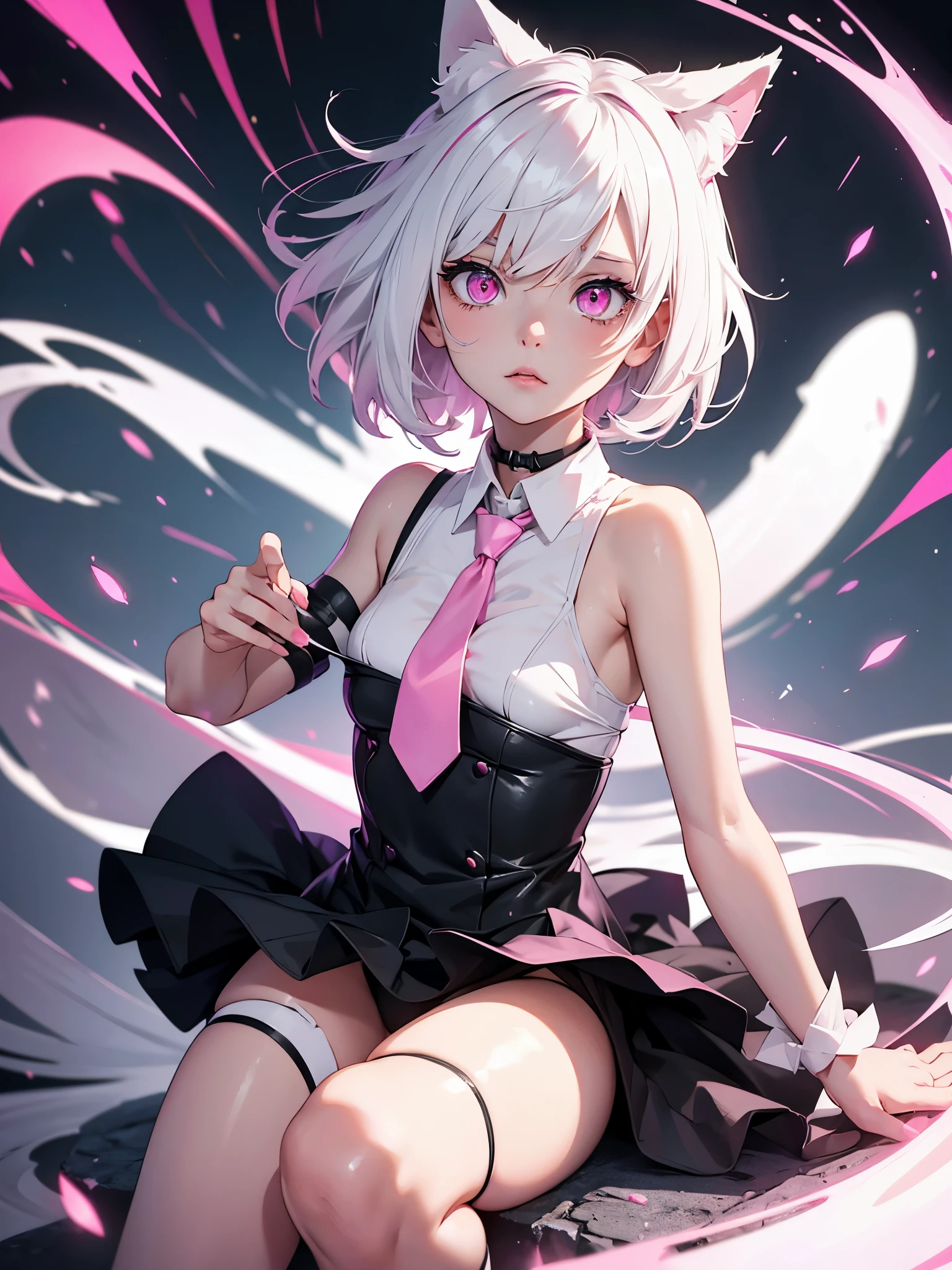 White hair. Short hair. Anime girl. Pink eyes. Glowing eyes. Nekomimi. Black and white clothes. Pink tie. Bandage in elbow.