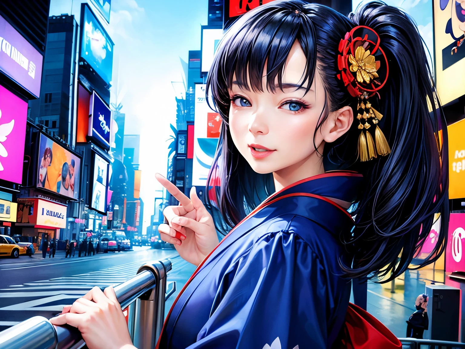 ((highest quality))、(masterpiece)、(detailed)、Perfect Face、'((A woman wearing a kimono))、Age 35、Inspired by that?、、(((new york、Times square、blue sky)))