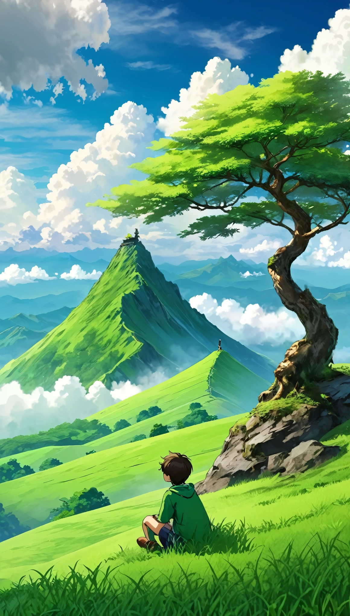 green grass mountain a boy sitting beside tree watching clouds high quality
