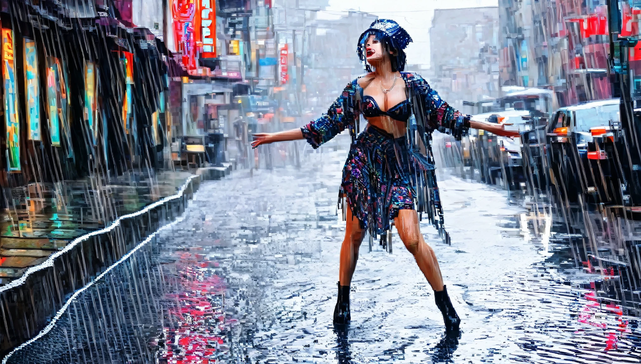 (best quality,4k,8k,highres,masterpiece:1.2),ultra-detailed,(realistic,photorealistic,photo-realistic:1.37),prostitute dancing in rain,wet city street,cobblestone pavement,neon lights reflecting on puddles,heavy rain pouring down,rippling raindrops,hitching up her skirt,seductive and confident gaze,shimmering wet hair,city night scene,blurred passing cars,moody atmosphere,misty air,vivid colors,high contrast,soft lighting,expressive body language,sensual movements,gentle breeze,rain-soaked world,abandoned alleyways,dark shadows,mysterious atmosphere,urban decay,glowing street signs,glistening skin,shimmery raincoat,twinkling eyes,sultry red lipstick,drenched clothes,lonely figure,reflective surfaces,mysterious expressions,erotic undertones.