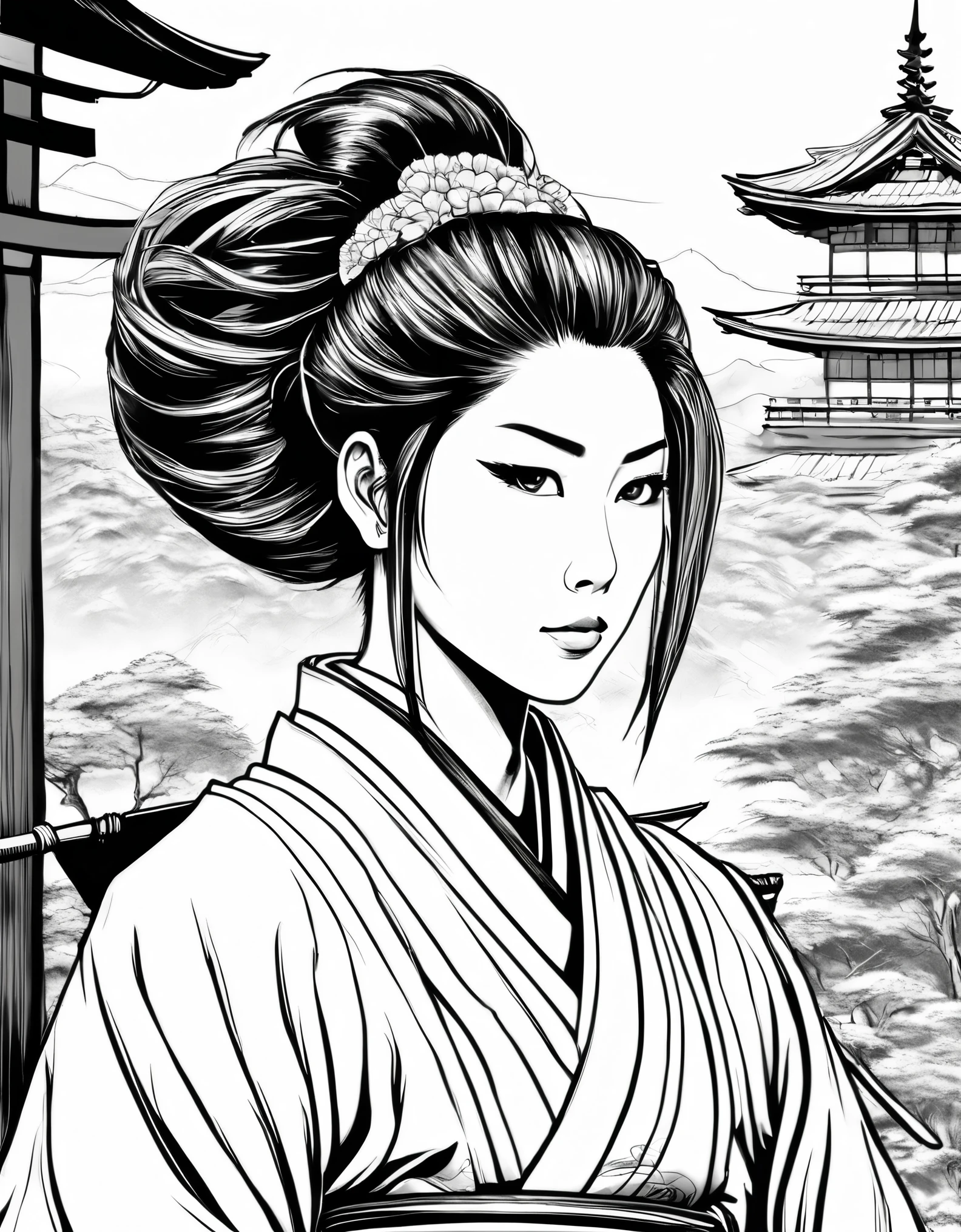 Pau preto e branco, japanese casal, sua arte em tinta fina, comic style, portrait of japan, Glamour de kyoto, bela arte de linha, black and white comic style, manga style, manga art style, pencil and ink caricature drawing, black and white coloring, cabelo branco, other positions, cabelo branco, cabelo branco, preto e branco, sem tons de cinza, corpo inteiro. Japan Background, gueixa e samurai